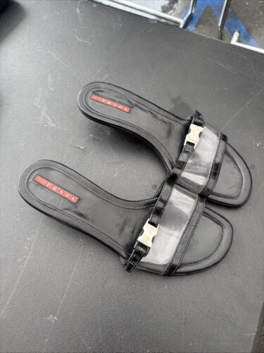 PRADA Black Leather Kitten Heel Slide Sandals Size 37 - Picture 2 of 10