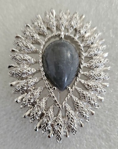 Vintage Silver Tone Open Textured Moonstone Pin Brooch by Coventry deep blue - Picture 3 of 6