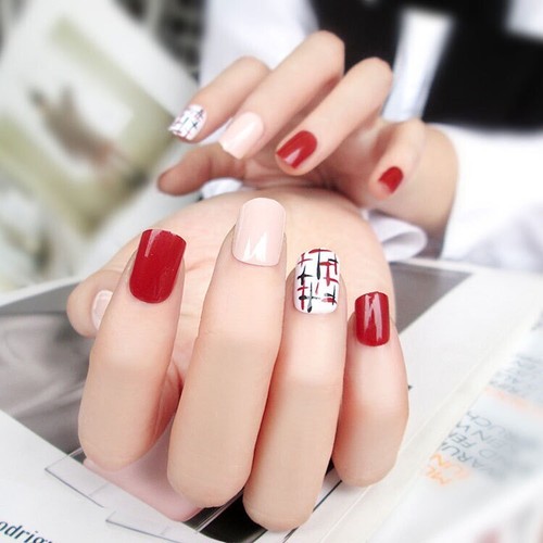 Dark Red And Tan Manicure 24pc Press On Nail Set W White Designer Accent Nails Ebay