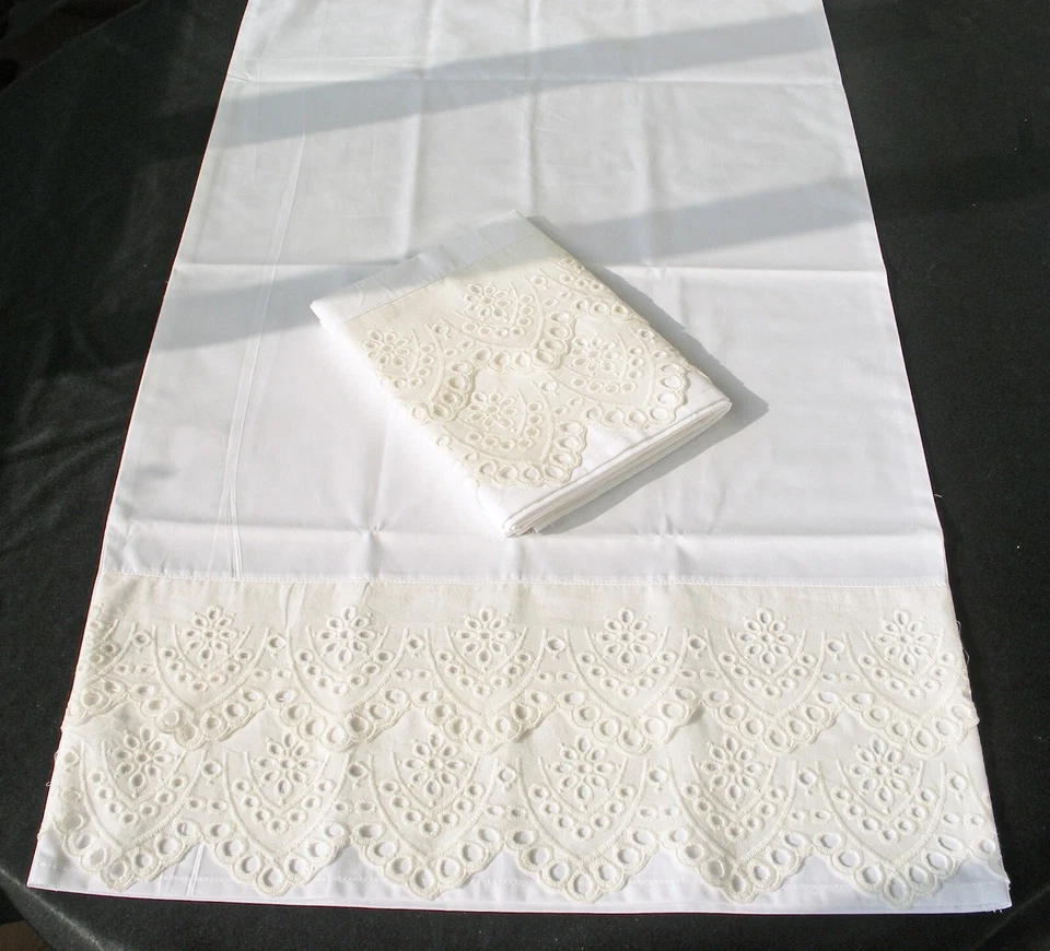 2 Fundas de Almohada Nuevas Bordadas Encaje Algodón Satén Estándar Queen King Blanco M20# Foto 2 de 4