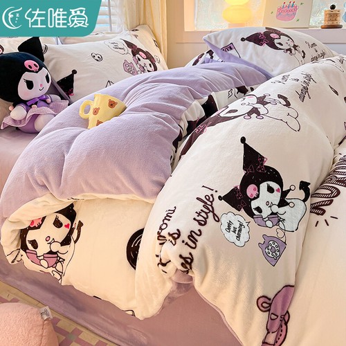 Kuromi Cinnamoroll My Melody Coral Velvet Winter Warm Bedsheet Bedding Set 4Pcs - Picture 8 of 47