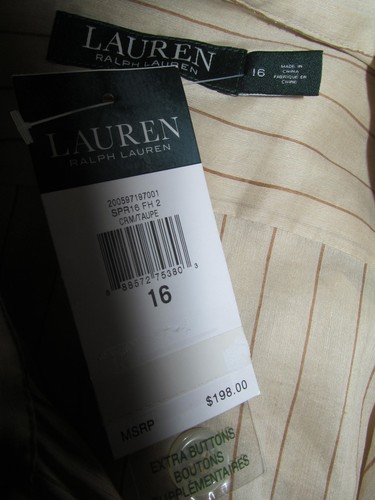 Lauren Ralph Lauren Beige Linen Striped Silk Blend Safari Top SZ 16 MSRP $198 - Picture 8 of 8