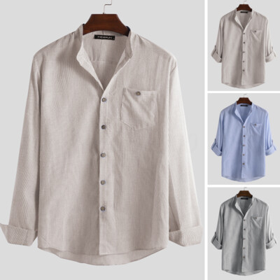 Mens Long Sleeve Silm Fit Striped Grandad Smart Casual Button Down Shirts Blouse
