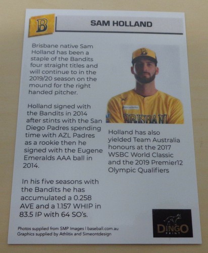 2019/20 Brisbane Bandits (Aussie Baseball) SAM HOLLAND Card -Inland Empire 66ers - Foto 2 di 2