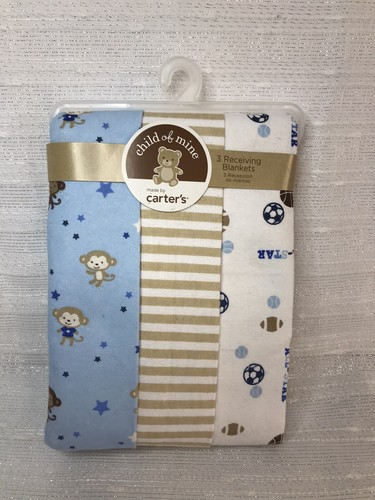 CARTER'S LOT 3 RECEIVING BLANKETS BLUE FLANNEL MONKEY SPORTS STRIPED BOY NEW - Picture 4 of 12