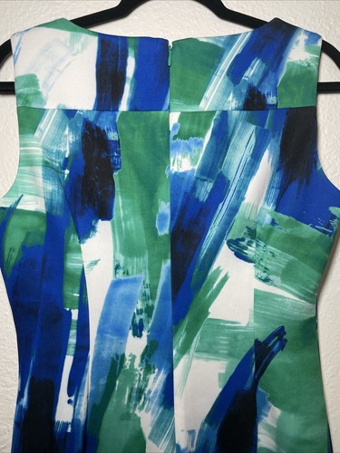 Calvin Klein Dress 10 Watercolor Sleeveless Knee Length Sheath Blue Green - Foto 5 di 7