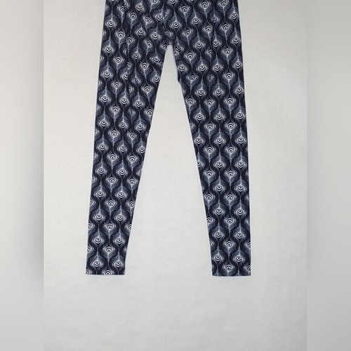 LuLaRoe Peacock Feather Leggings One Size Navy Blue White Rare Unicorn Soft Easy - Picture 4 of 7
