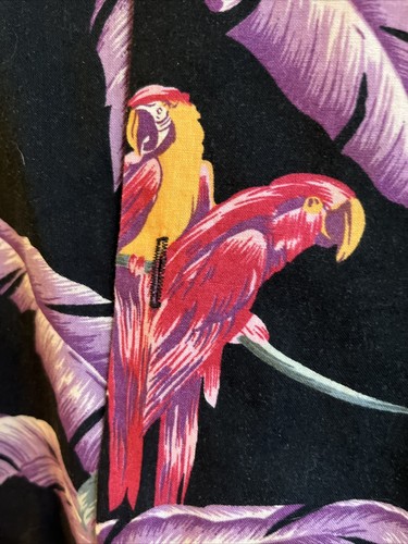 VINTAGE Paradise Found Mens LG Parrot Floral Hawaiian Shirt Purple Magnum PI - Picture 4 of 6