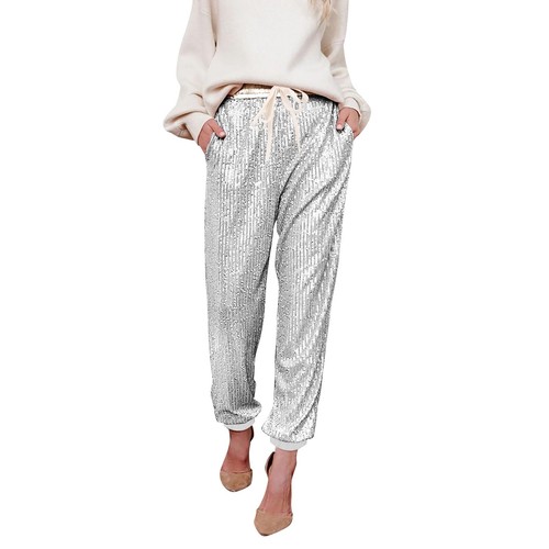Womens Sequin Bling Legging Joggers Pencil Pants Drawstring Dressy with Pockets - Picture 3 of 35