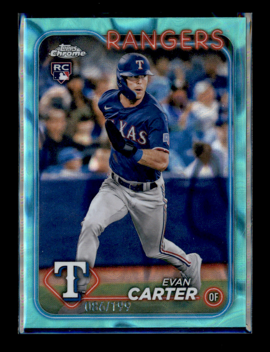 2024 Topps Chrome Evan Carter #136 Aqua RayWave Refractor 86/199 RC Rangers