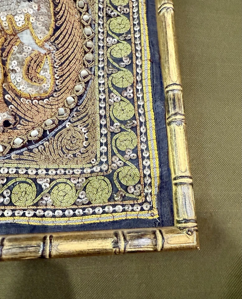 Rare Vtg Framed Beaded Kalaga Tapestry  Asian Burmese Thai India Handmade - Image 4 of 4