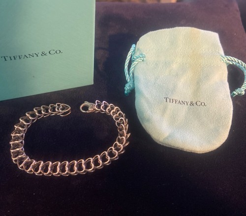 VTG T & Co Tiffany & Co 925 Sterling Silver Double Heart Chain Link Bracelet 7" - Picture 6 of 12