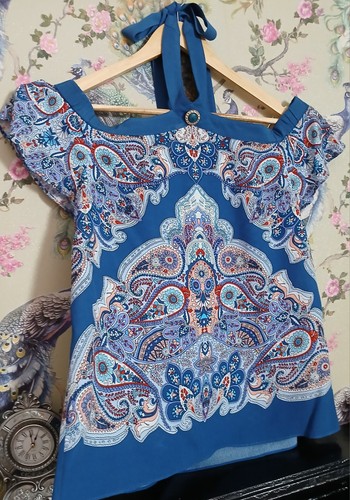 Vintage style steel blue salmon & coral paisley occasion top size 16 Oasis - Picture 2 of 5