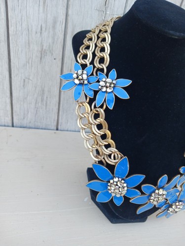 Coldwater Creek Goldtone Blue Enamel Flowers Rhinestones Statement Bib Necklace - Picture 2 of 13