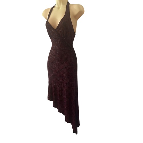Vintage Hourglass Red& Black Sparkle Knit Asymmetrical Bodycon Halter Dress - Picture 2 of 10