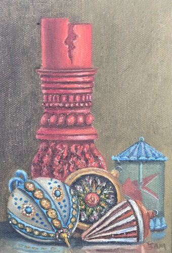 Bodegón pintura al óleo sobre lienzo firmada SAM FAM? Adornos Árbol Navidad 5x7 - Imagen 3 de 10