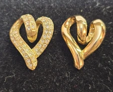 2 -Vtg Goldtone 3D Heart Shaped Slide Pendant w Clear Stones "Marked W- S121