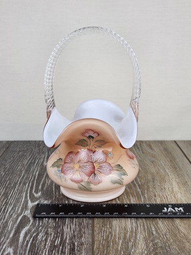 Cesta de vidrio artístico Fenton puesta de sol melocotón superposición diseñador vitrina serie - firmada - Imagen 8 de 8