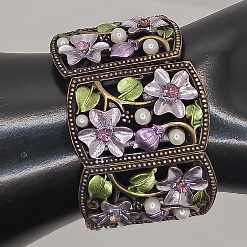 Bracciale con cerniera strass smalto fiori tono bronzo viola verde perla - Foto 3 di 6