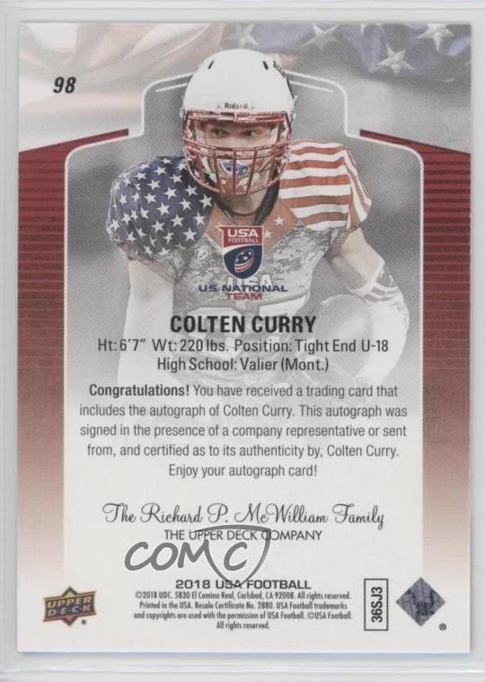 2018 Upper Deck USA Football Auto Colten Curry #98 Auto - Image 2 of 2