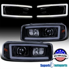 Fits 2000-2006 Sierra Denali Glossy Black Smoke Projector Headlights LED Strip