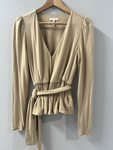 𝅺Rebecca Taylor V Neck Modal Tie Waist Top Long Sleeve Size Small Goldenrod Tan - Picture 4 of 11