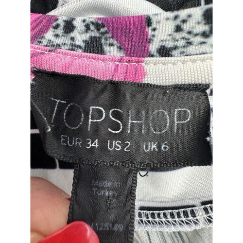 Top Shop Bodycon Dress Size 6 Black White Pink Floral Check Stretchy 3/4 Sleeve - Picture 8 of 9