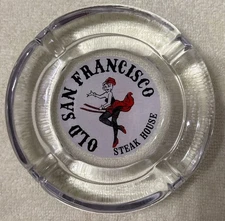 Vintage 1970s Old San Francisco Steak House 5" glass ashtray Swinging Lady Clear