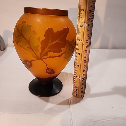 Vintage Cameo Art Glass Vase Orange Brown Green Oak Leaves Acorns Autumn - Picture 9 of 10