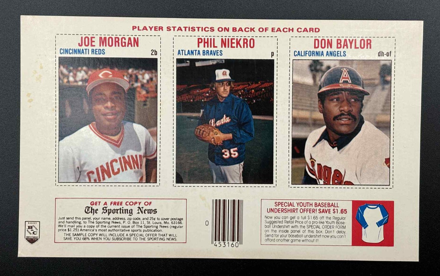 1979 Hostess Panels 61/62/63 JOE MORGAN/PHIL NIEKRO/DON BAYLOR - LQQK