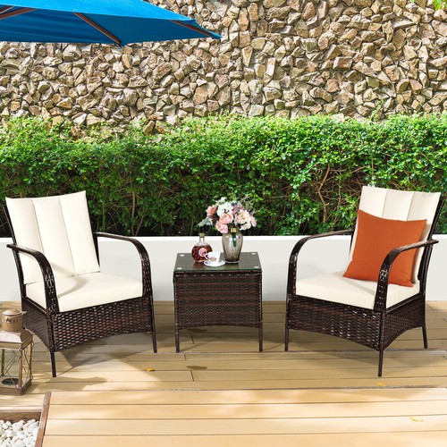 3 PCS Patio Rattan Furniture Set Coffee Table & 2 Rattan Chair W/White Cushions - Picture 11 of 11