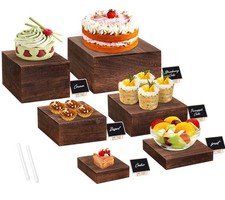 6 Pack Wooden Risers Display Stands with Mini Signs Square Food Risers for Bu...