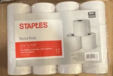 Staples Bond Rolls 2-1/4" x 130' Cash Register, Calculator Paper 12 Pack NEW