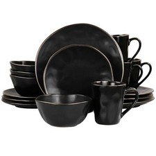 Elama ELM-GEORGE16 Modern Stoneware Dinnerware Set with Gold Rim  Matte Black...