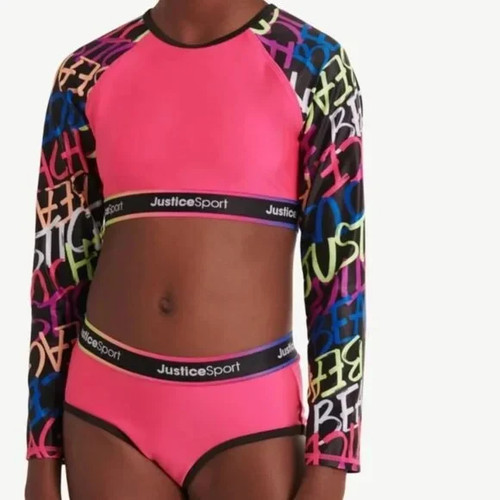 JUSTICE Sport Long Sleeve Rashguard Swimsuit 2 Piece Set Girls CHOOSE SIZE NEW - Picture 2 of 7