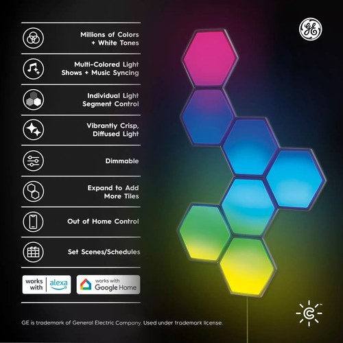 7 Pack GE Cync Dynamic Effects Smart LED Hexagon Panels, Smart Color Changing - Picture 2 of 4
