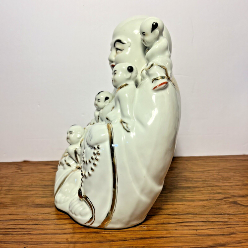 Laughing Buddha Porcelain Statue with 5 Children Budai Signed Marked Vintage 8" - Picture 3 of 17