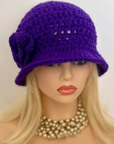 CLOCHE BUCKET HAT CHEMO CAP BRIM ROYAL PURPLE HANDMADE CROCHET ACRYLIC FLOWER - Picture 2 of 5