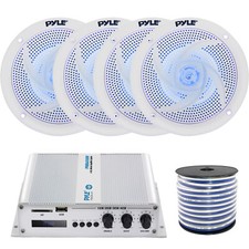 4 x Pyle PLMRS63WL.5 6.5" LED Marine Speakers, 4-Channel Amplifier, Speaker Wire