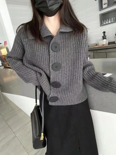 Knitted Cardigan Women Sweater Turn-down Collar Big Button Warm Winter Cardigan - Picture 12 of 28
