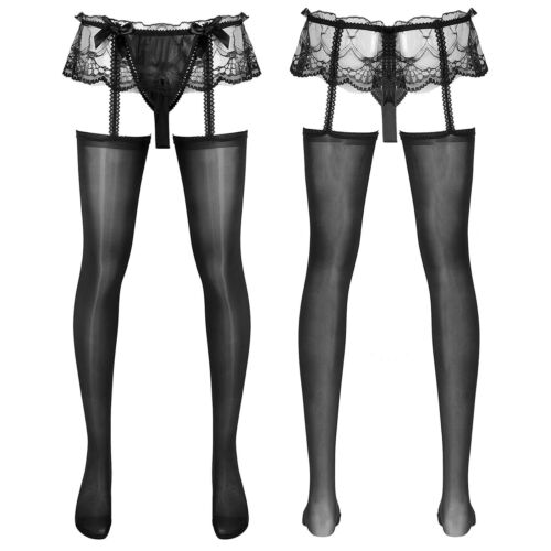 UK Mens Sissy Lace Thongs Pantyhose Suspender Thigh High Stockings Lingerie - Picture 40 of 111