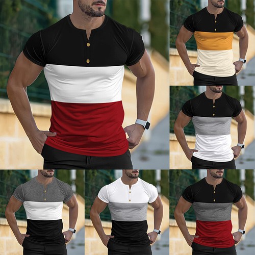 Henry's Shirt T-Shirts Men Tops Short Sleeve Blouse Buttons Casual Colorblock - Picture 1 of 20