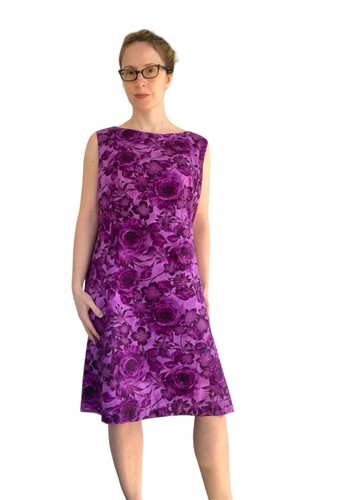 60s Purple Dress Roses Print Sleeveless L XL 40 36 42