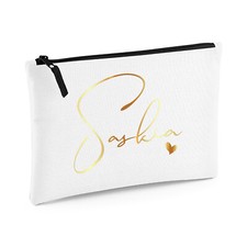 Image of WHITE PERSONALISED MAKE UP BAG | Wash Bag Gift Women Birthday Gift | Name Heart