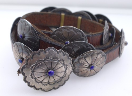 Vintage Navajo Lapis Lazuli Coin Silver Copper Leather Concho Belt - Picture 9 of 10
