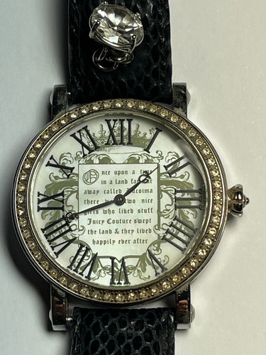 JUICY COUTURE Once Upon A Time Black Leather Crest Dial, Crystal Accents & Charm