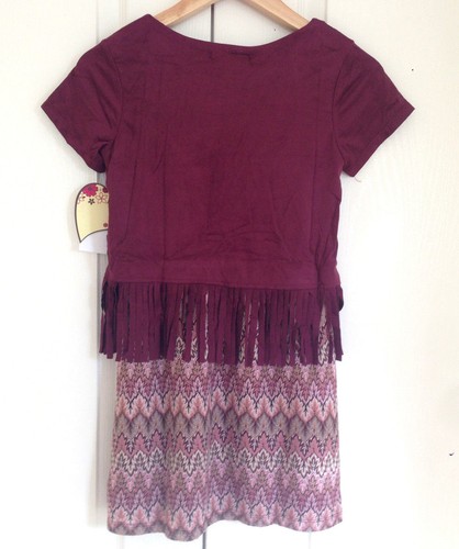 New Speechless Girl Boho Fringe Brown Burgundy Chevron Crochet Lined Dress 12 - Picture 2 of 8