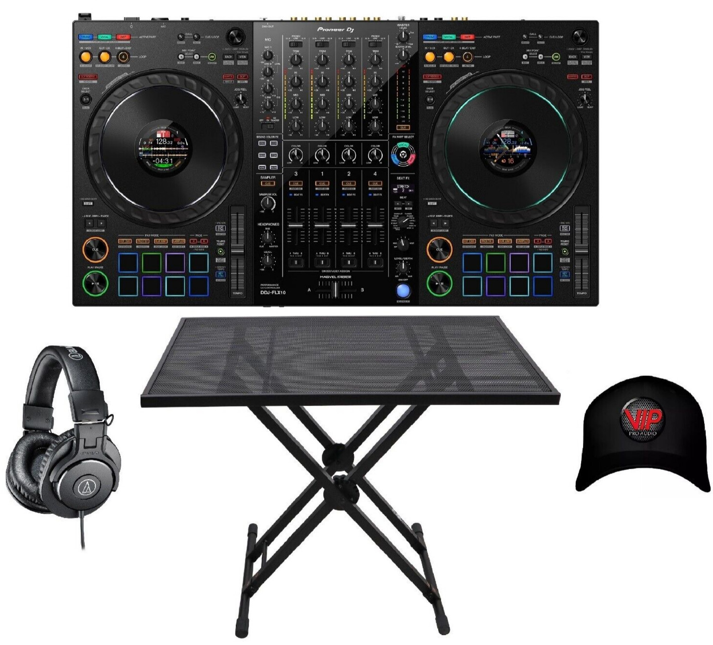 Контроллер Pioneer DJ DDJ-FLX10 с подставкой для стола + столешница, наушники и VIP-шляпа