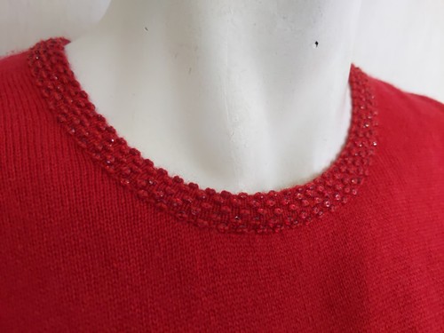 $250 CARLISLE L Shell Sweater Cashmere/Silk Beaded Collar Red Knit - Picture 6 of 9