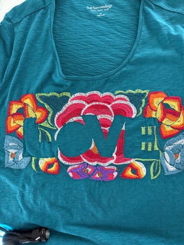 Soft Surroundings Women's 2x Teal Embroidery Love Short Sleeve T-shirt see notes - Picture 4 of 13